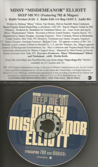 Missy Elliott Beep Me 911 W/ Rare Edit & Radio Trk & Bio Promo Dj Cd Single