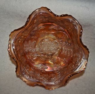 Estate Rare Ruffled Marigold Carnival Glass Dish With Panther 
