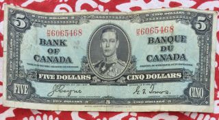 Bank Of Canada King George 1937 5 Dollar Banknote H/s 6065468 Off - Centre - Rare