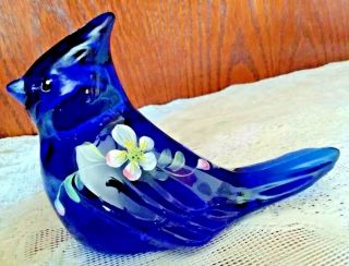 Fenton Bird Blue Cobalt Cardinal Jay Figurine Pink Flower Spring Lenox Rare Ltd