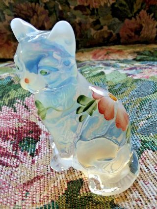Fenton Cat White Opalescent Pink Roses Figurine French Rare