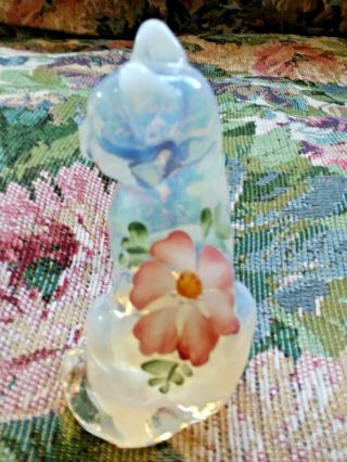 Fenton Cat White Opalescent Pink Roses Figurine French Rare 2