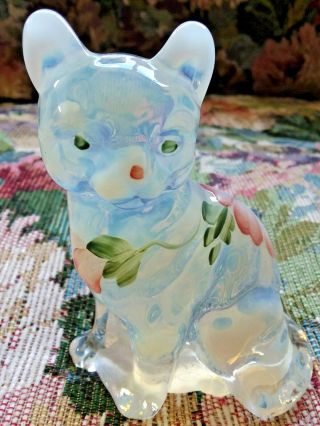 Fenton Cat White Opalescent Pink Roses Figurine French Rare 5