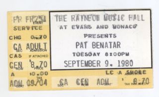 Rare Pat Benatar 9/9/80 Denver Co Rainbow Music Hall Ticket Stub