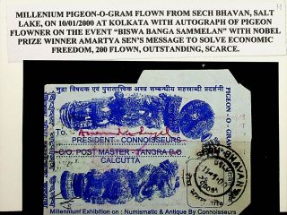 India 2000 Kolkata Rare Millenium Signed Pigeon Mail Only 200 Flown - N42646