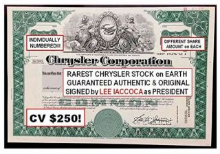 Rare Orig Crisp Chrysler Stock Signed By Lee Iaccoca Only Here Read Deal