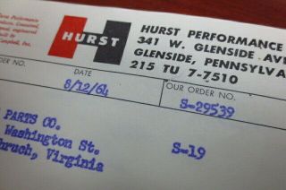 5 Hurst Factory Invoices 1964 Wheels Shifter Competition Plus Vintage Rare