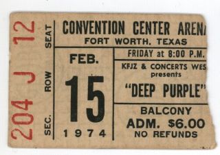 Rare Deep Purple 2/15/74 Ft Worth Tx Convention Ctr Arena Ticket Stub Dallas