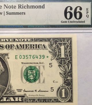 1999 $1 Richmond Star ⭐️ Frn,  Pmg Gem Uncirculated 66 Epq Banknote,  Rare R2