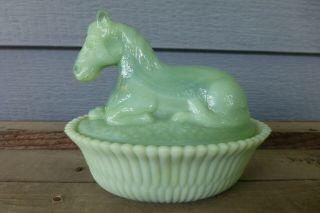 Rare Sea Mist Green Slag Glass Horse Candy Dish Pony Bowl Lid Foal Marbled Ooak