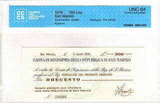 200 Lire Unc Banknote From Republic Of San Marino 1976 Pick - S102 Rare