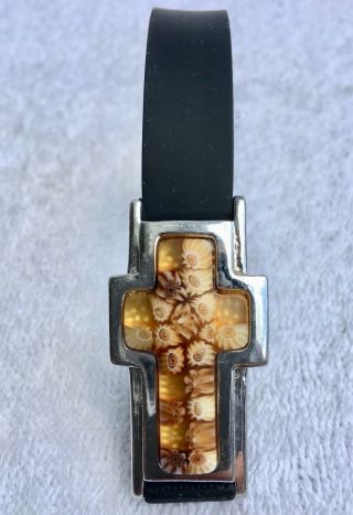 Rare Signed Alan K.  Sterling Silver Brown Murano Glass Lg Cross W/ Silicone Band
