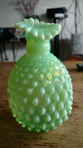 Fenton Lime Green Hobnail Opalescent Bud Vase 6 " Tilted Lip Rare Green Vaseline