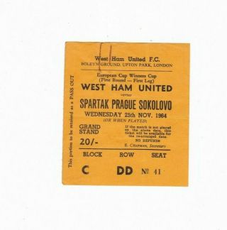 1964 - 65 Ecwc West Ham (winners) V Spartak Prague Sokolovo (rare Ticket)