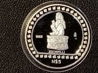 1993 Mexico N$5 Pesos Xochipilli 1 Oz Silver Proof - Key Date 800 Minted - Rare