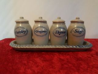 Rowe Pottery Herb Canister Set Of 4 Parsley Sage Oregano Thyme With Tray Rare Se