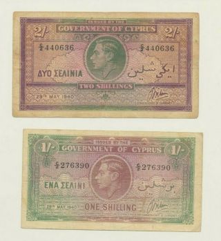 Cyprus Year Set Of 1 And 2 Shillings 1940 Kgvi Extremely Rare Date