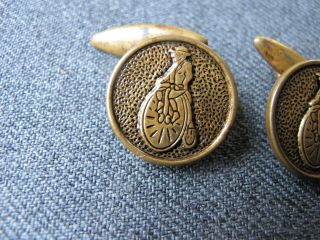 Antique rare man on a penny farthing bicycle golden metal cufflinks 2