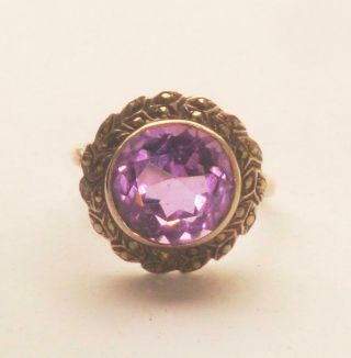 Rare Antique Art Deco Large Amethyst Silver & Marcasite Cocktail Ring