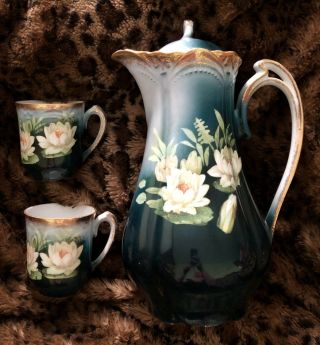 Rare Three Crown China Tea Set Pitcher 2 Cups Germany Gilded Water Lily Green