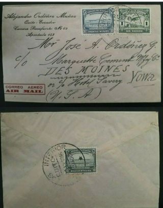 Rare 1946 Ecuador Airmail Cover Ties 3 Stamps To Des Moines Usa