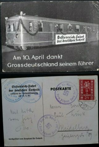 Very Rare 1938 Austria Election & Referendum Postcard Ties 24gr Stamp W Cachets