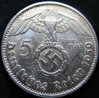 Fantastic Rare 1939d 5 Mark 90 Silver Bullion German Swastika Nazi Germany Coin