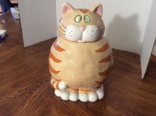 Rare Ganz Bella Casa Tabby Cat Ceramic Cookie Jar 11” X 8” Cross - Eyed Fat Kitty