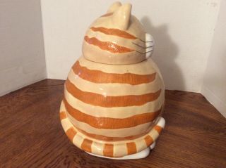 Rare GANZ Bella Casa Tabby Cat Ceramic Cookie Jar 11” X 8” Cross - eyed Fat Kitty 4
