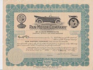 1919 Car Stock Certificate: Pan Motor Co.  - St.  Cloud,  Mn Pandolfo Rare