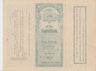 1919 Car Stock Certificate: Pan Motor Co.  - St.  Cloud,  MN Pandolfo RARE 2