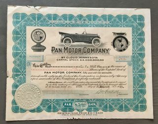 1919 Car Stock Certificate: Pan Motor Co.  - St.  Cloud,  MN Pandolfo RARE 3