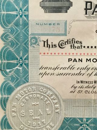 1919 Car Stock Certificate: Pan Motor Co.  - St.  Cloud,  MN Pandolfo RARE 5