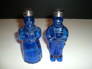 Vintage Cobalt Blue Glass Man And Lady Salt & Pepper Shakers Rare - - Estate