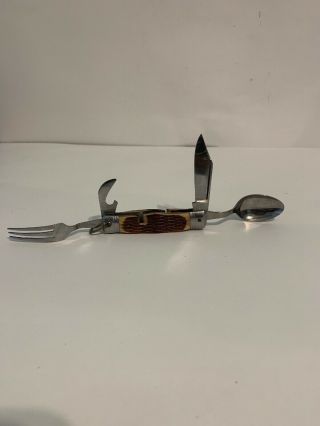Vintage Rare Wood Multi Tool Pocket Knife Japan Made Spoon Fork Can Opener