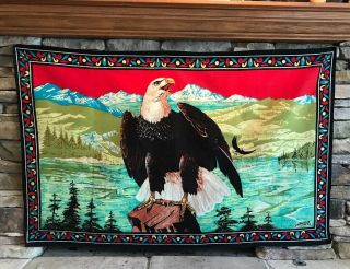 Vintage Bald Eagle Tapestry Wall Hanging Cotton Flannel 53 X 34 Rare Turkey
