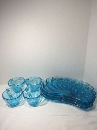 Rare 8pc.  Set Hazel Atlas Aqua Blue 10 " Fan Shell Snack Cups & Plates Vintage