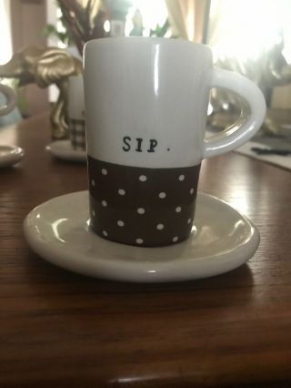 RARE 3 Rae Dunn by Magenta SIP Plaid Dots Espresso Cups & Saucers 3oz Mug 2