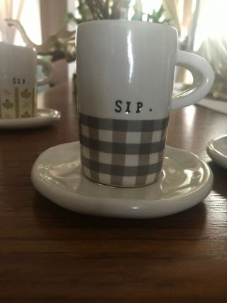 RARE 3 Rae Dunn by Magenta SIP Plaid Dots Espresso Cups & Saucers 3oz Mug 3