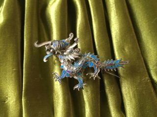 Art Deco Chinese Dragon Silver White Metal Enamel Brooch Very Rare
