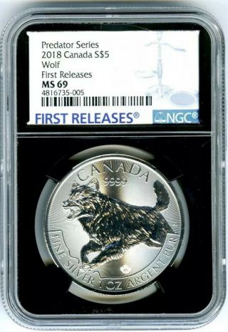 2018 $5 Canada 1 Oz Silver Wolf Ngc Ms69 Rare First Releases Black Core Holder