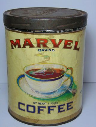 Rare Vintage 1940s Marvel Coffee Tin Advertising Tin 1 Pound Danville Illinois