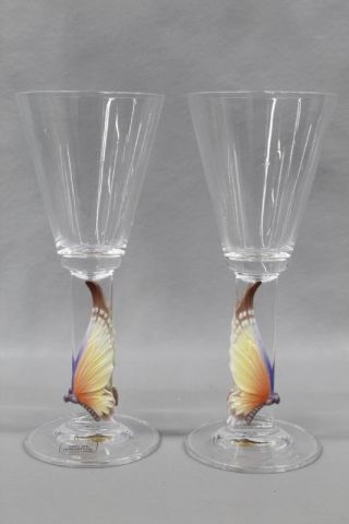 2 Rare Franz Porcelain Papillon Butterfly White Wine Glass Kuang Yuh San Yu