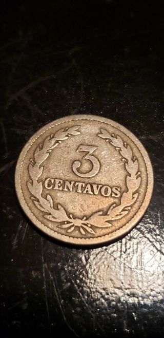 1915 Rare 3 Centavos From El Salvador Colon Billete Moneda Currency Collectible