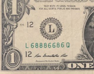 2013 L Series $1 One Dollar Bill Rare Fancy Binary Flipper Note Frn Us Cool