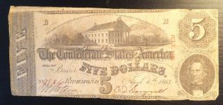 Rare Five Dollars The Confederate States America No.  9526 Richmond April 6,  1863