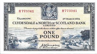 1954 Clydesdale & North Scotland Bank - Scotland 1 Pound Xf Pick:191a - Rare Date