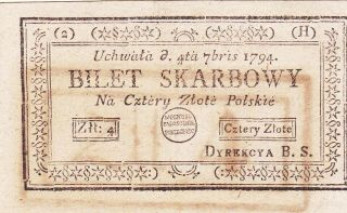 4 Zlote Aunc Banknote From Grand Duchy Of Poland 1794 Rare Note