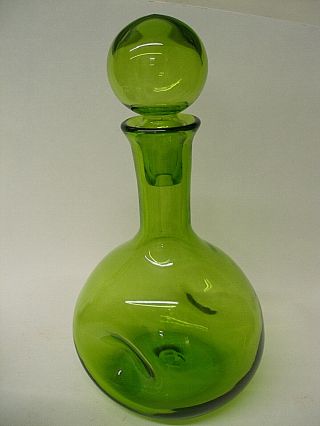 Rare Mid - Century Modern Blenko Art Glass Decanter Dimple Indent Green,  Stopper