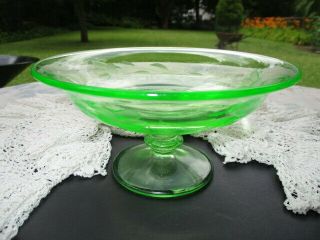 Vibrant Green Depression Glass Compote Rarely Seen Hughes Cornflower Cut 